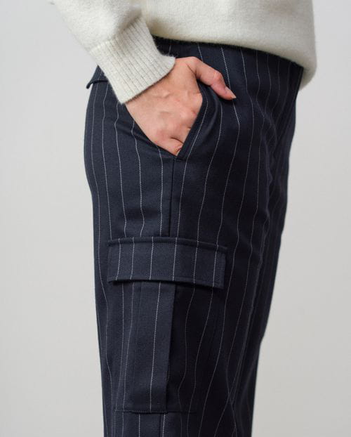 Cargo style trousers made in chalk stripe fabric
