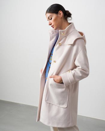 Loose-fit hoodded coat made in wool twill with velvet touch