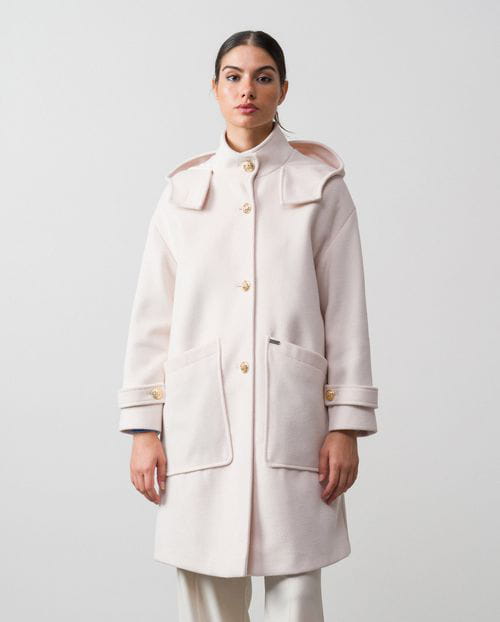 Loose-fit hoodded coat made in wool twill with velvet touch