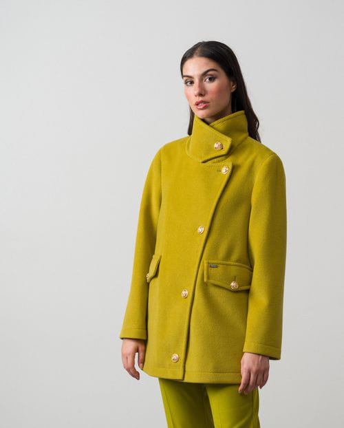 High collar coat made in wool twill fabric with velvet touch