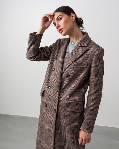 Double breasted long coat in Harris checked fabric