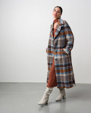 Long coat made in bouclé checked wool fabric
