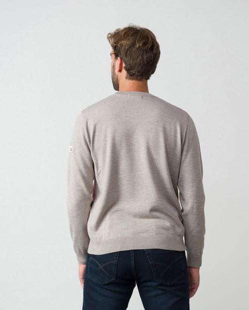 Combined crew neck sweater made of plain-structure blend knit