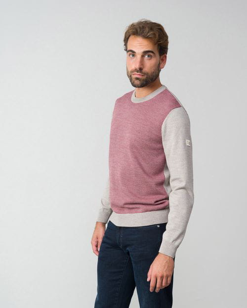 Combined crew neck sweater made of plain-structure blend knit