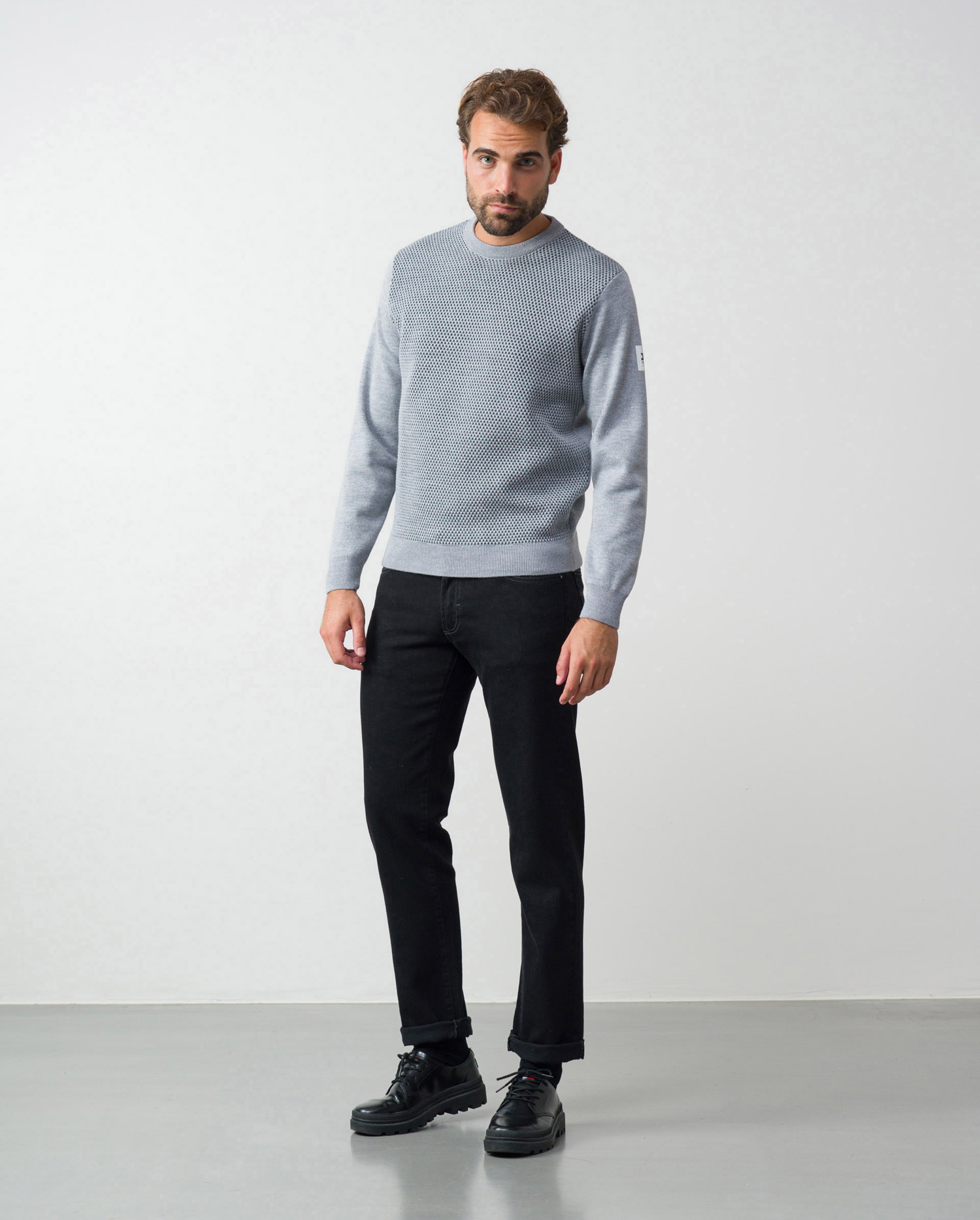 Combined crew neck sweater of bicolor plain-structure wool blend (XL ...