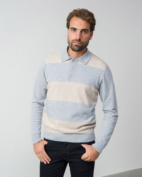 Combined sweater striped-plain with shirt collar of cashmere wool