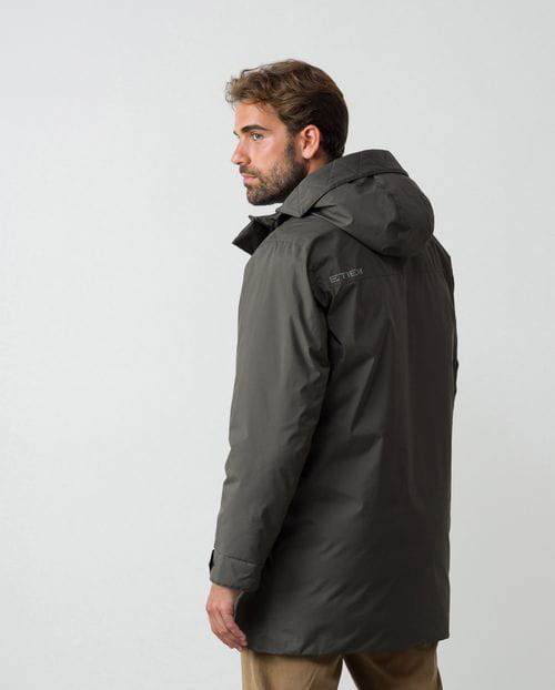Long hooded parka of water repellent plain fabric