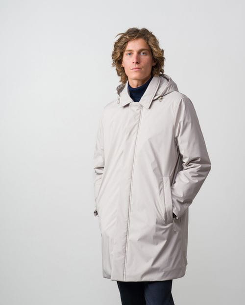 Short padded water repellent trench coat with removable hood