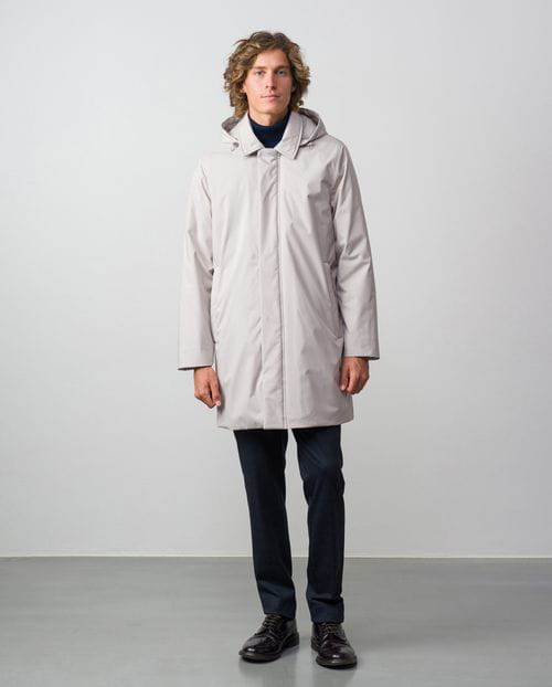 Short padded water repellent trench coat with removable hood