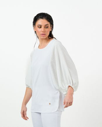 Combined T-shirt with gathered puffed sleeve