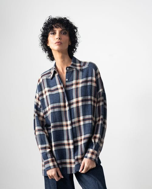 Camisa amplia en cuadro Madrás de lana-viscosa