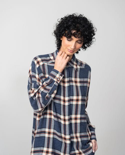 Camisa amplia en cuadro Madrás de lana-viscosa