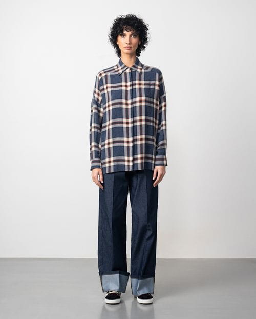 Camisa amplia en cuadro Madrás de lana-viscosa