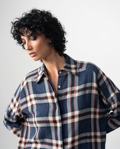 Camisa amplia en cuadro Madrás de lana-viscosa