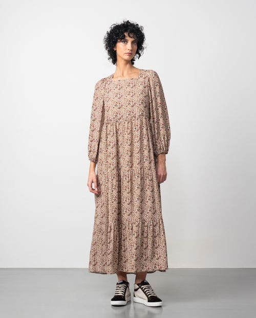 Vestido largo fruncido en viscosa estampada