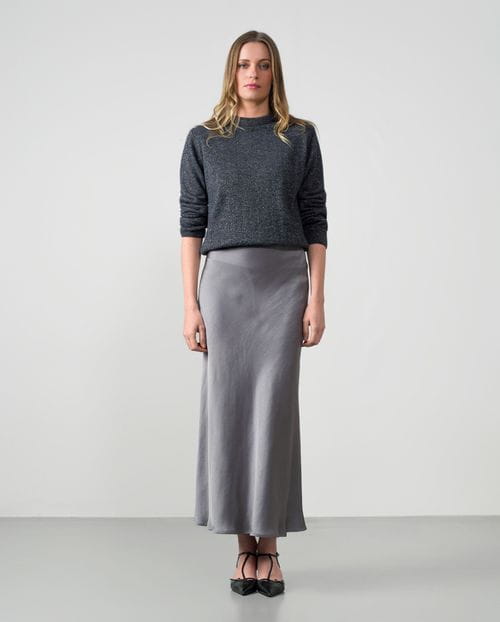 Bias-cut satin midi skirt featuring an internal branded elastic waistband