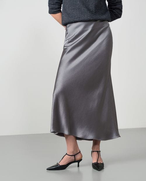 Bias-cut satin midi skirt featuring an internal branded elastic waistband