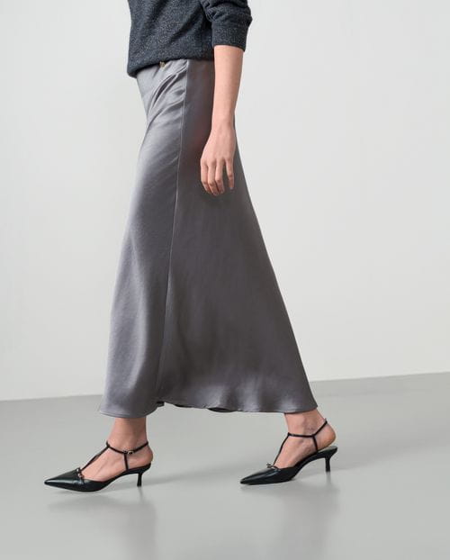 Bias-cut satin midi skirt featuring an internal branded elastic waistband