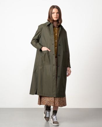 Gabardina larga con capucha desmontable en sarga de algodón repelente al agua