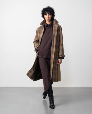 Combined check trench coat with waxed finish and water-repellent cotton twill