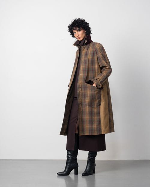 Combined check trench coat with waxed finish and water-repellent cotton twill