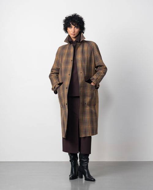 Combined check trench coat with waxed finish and water-repellent cotton twill