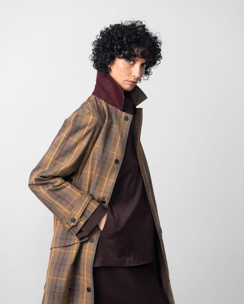Combined check trench coat with waxed finish and water-repellent cotton twill
