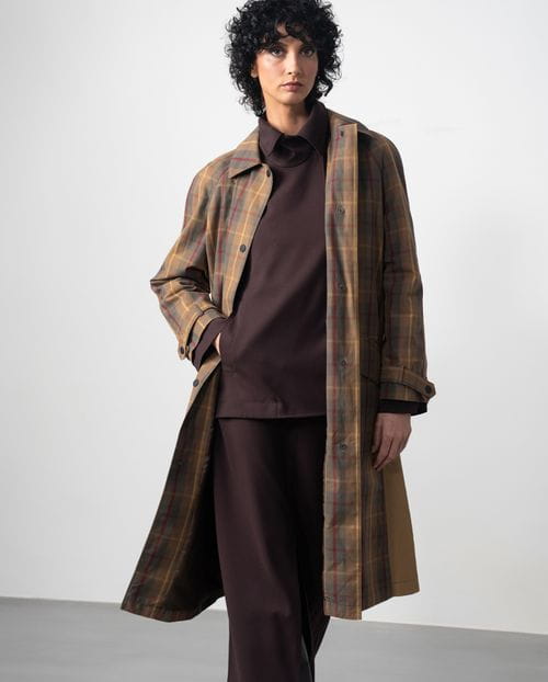 Combined check trench coat with waxed finish and water-repellent cotton twill