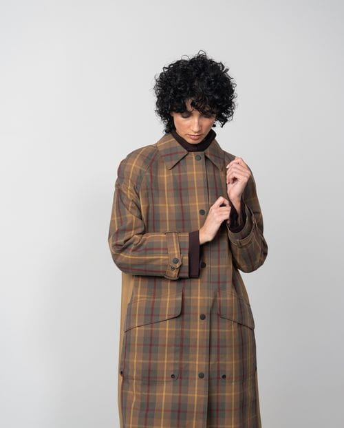 Combined check trench coat with waxed finish and water-repellent cotton twill