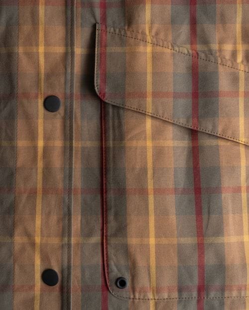 Combined check trench coat with waxed finish and water-repellent cotton twill