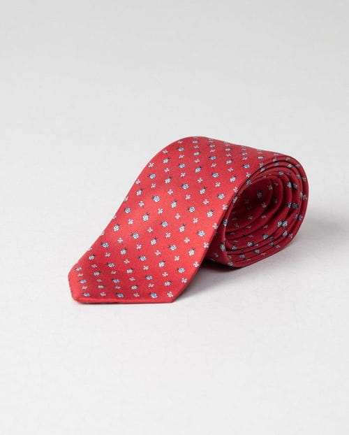 Corbata de seda con pequeño estampado de mariquitas y flores