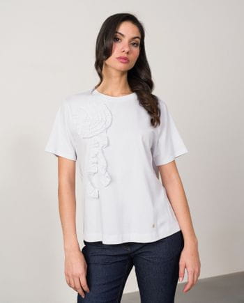 Short sleeve t-shrit with poplin fabric flower trim in front