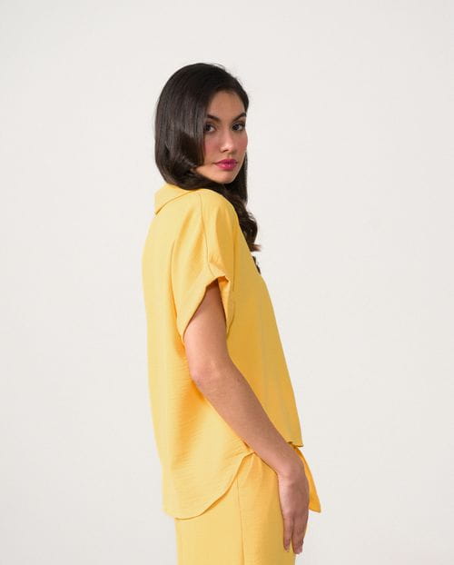Flowing top with short sleeve and knotted front
