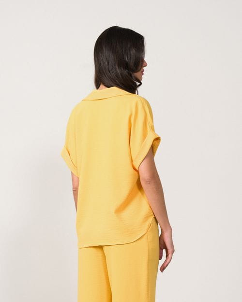 Flowing top with short sleeve and knotted front