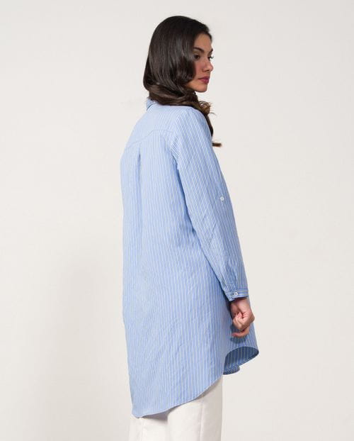 Blusón largo con bolsillos en viscosa de rayas