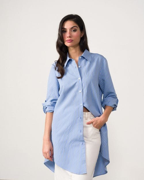 Blusón largo con bolsillos en viscosa de rayas