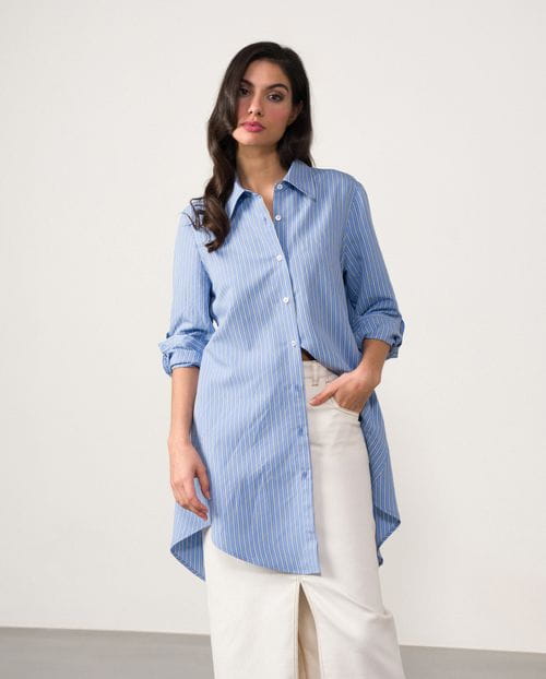 Blusón largo con bolsillos en viscosa de rayas