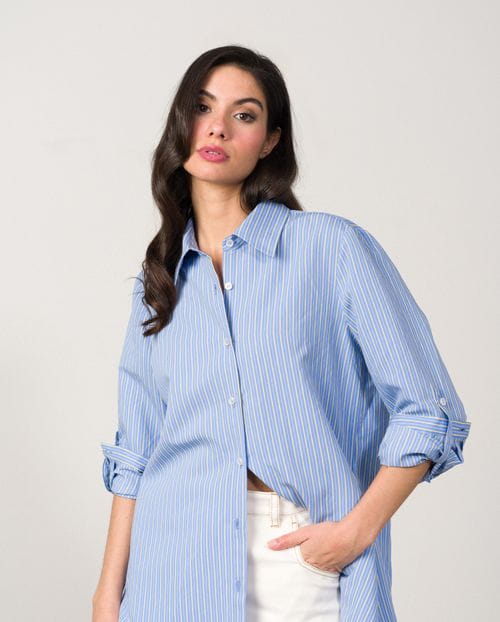 Blusón largo con bolsillos en viscosa de rayas