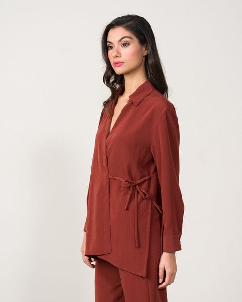 Wrapped kimono style blouse made in semi-satin fabric