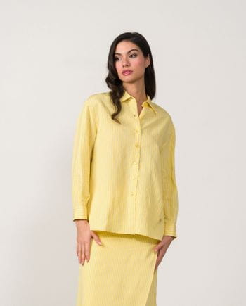Loose-fit basic shirt in yellow fabric with light blue stripes