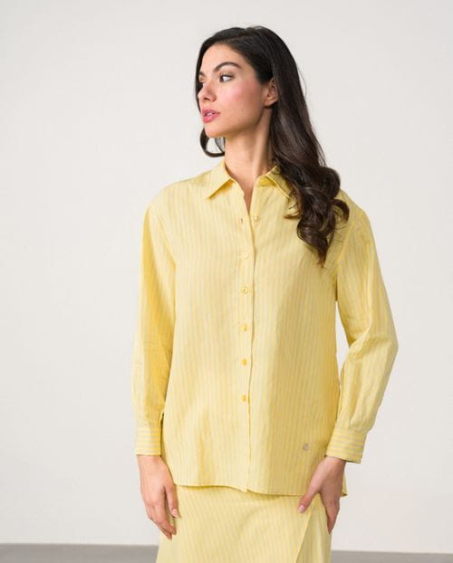 Loose-fit basic shirt in yellow fabric with light blue stripes
