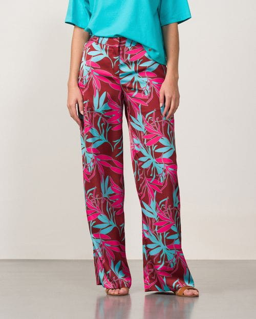 Pantalón ancho en estampado satinado de cintura elástica en espalda