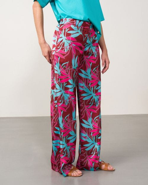 Pantalón ancho en estampado satinado de cintura elástica en espalda