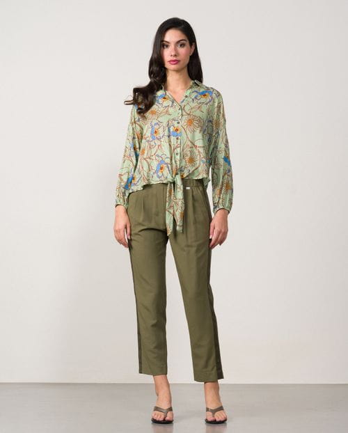 Cropped linen-viscose trousers with contrasted stripes on sides