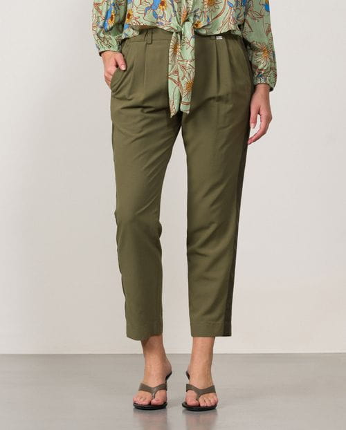 Cropped linen-viscose trousers with contrasted stripes on sides