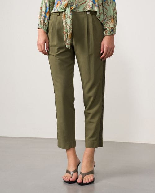 Cropped linen-viscose trousers with contrasted stripes on sides