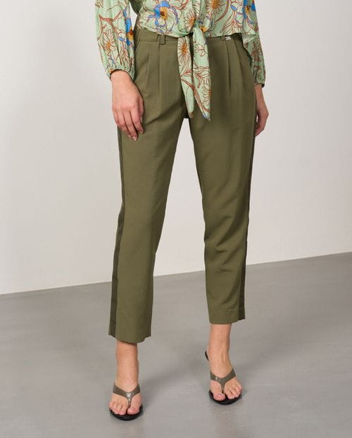 Cropped linen-viscose trousers with contrasted stripes on sides