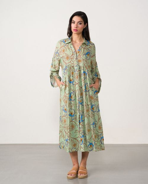 Loose-fit midi dress with hidden buttons made in printed viscose fabric with metallic yarn