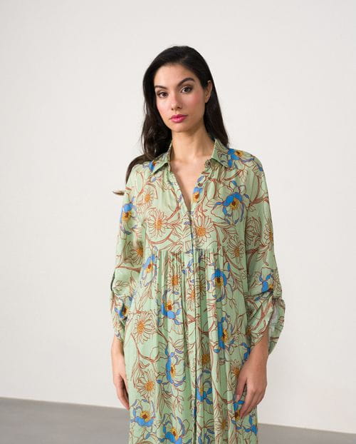 Loose-fit midi dress with hidden buttons made in printed viscose fabric with metallic yarn