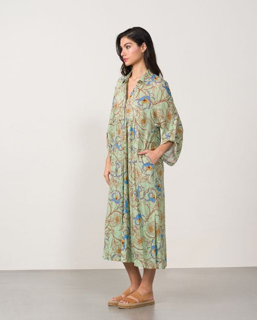 Loose-fit midi dress with hidden buttons made in printed viscose fabric with metallic yarn